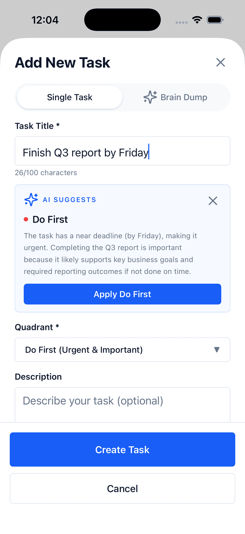 Focus Matrix Pro task creation modal showing AI suggestion box with quadrant pick and reasoning