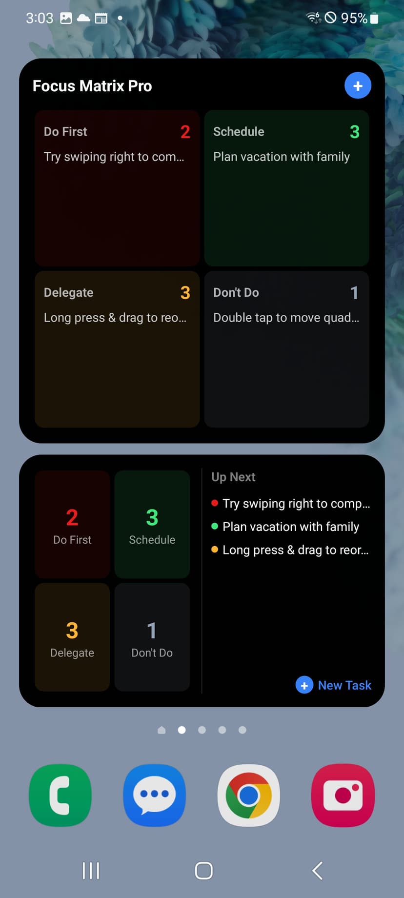 Android home screen with Focus Matrix Pro large and medium dark mode widgets showing all four quadrants