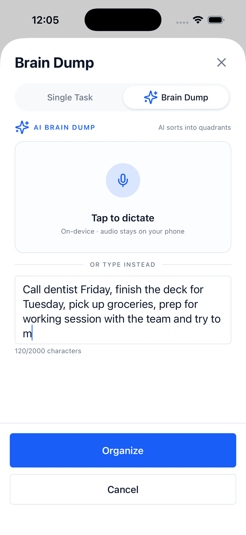 Focus Matrix Pro brain dump screen with voice dictation option and a stream of dictated tasks in the textarea
