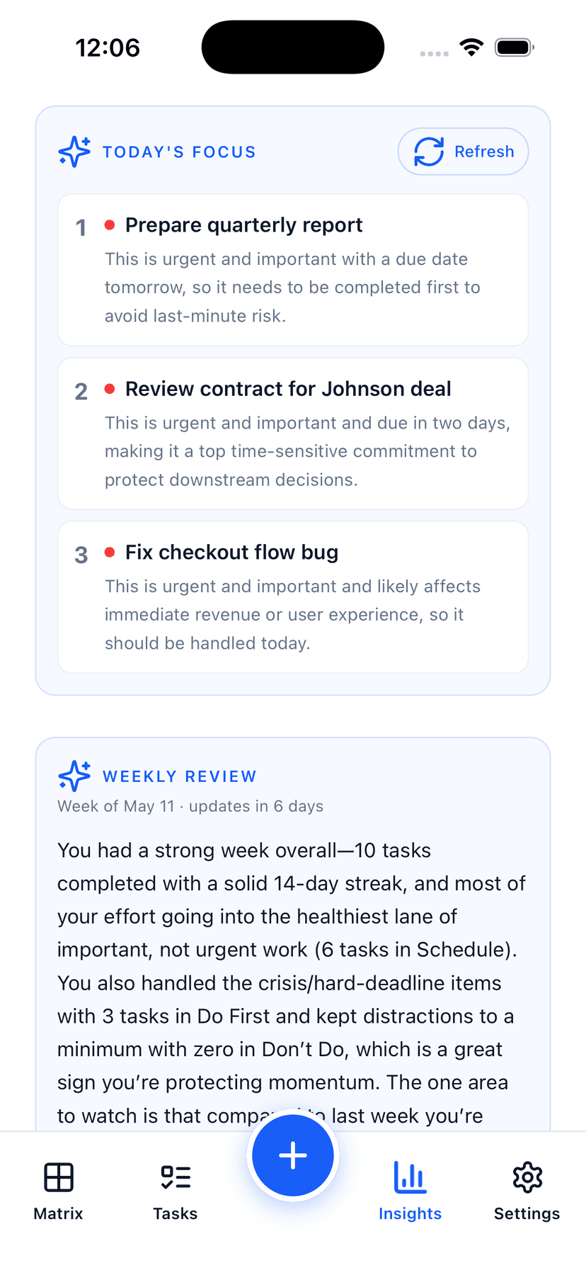 Focus Matrix Pro Insights screen showing today's three AI-picked priorities with reasoning