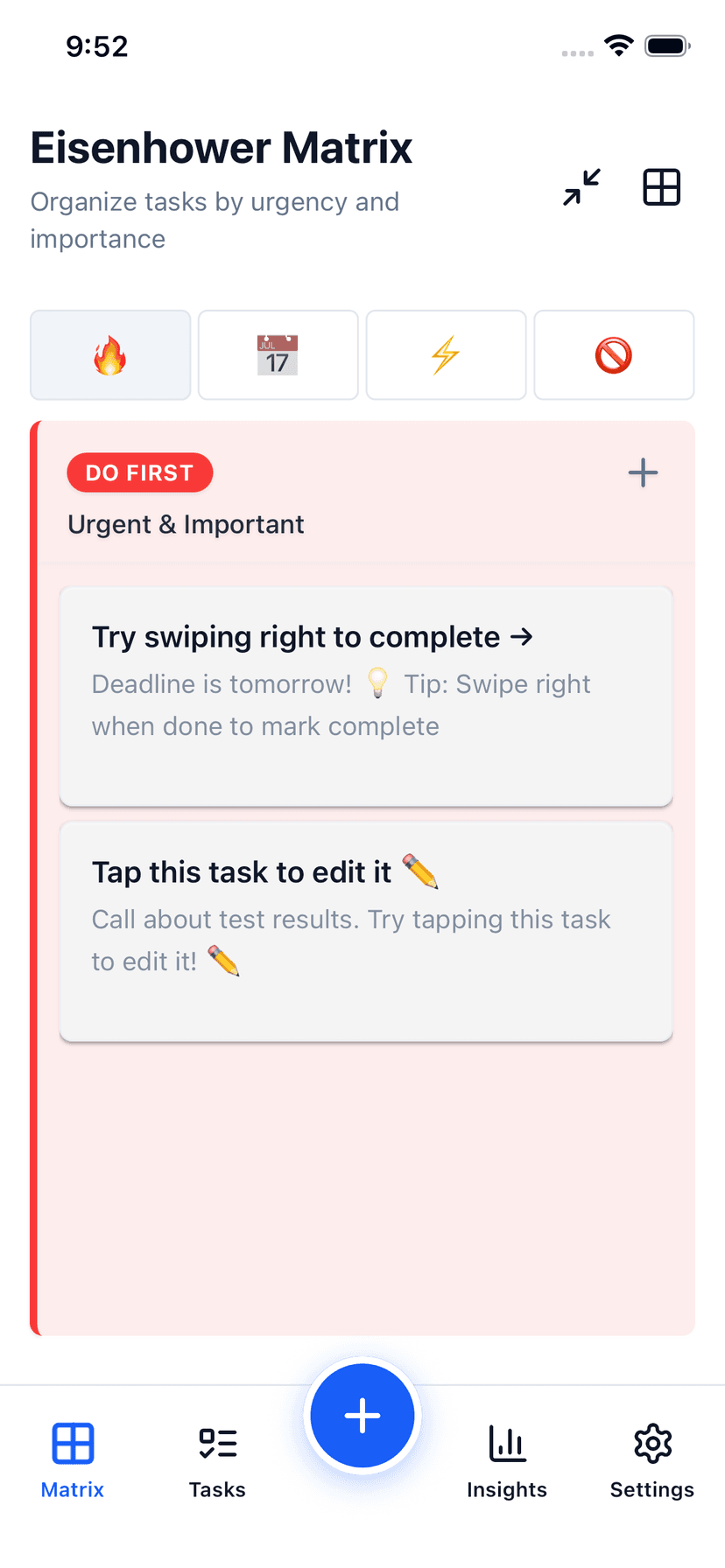 Focus Matrix Pro single-quadrant focus mode showing Schedule tasks