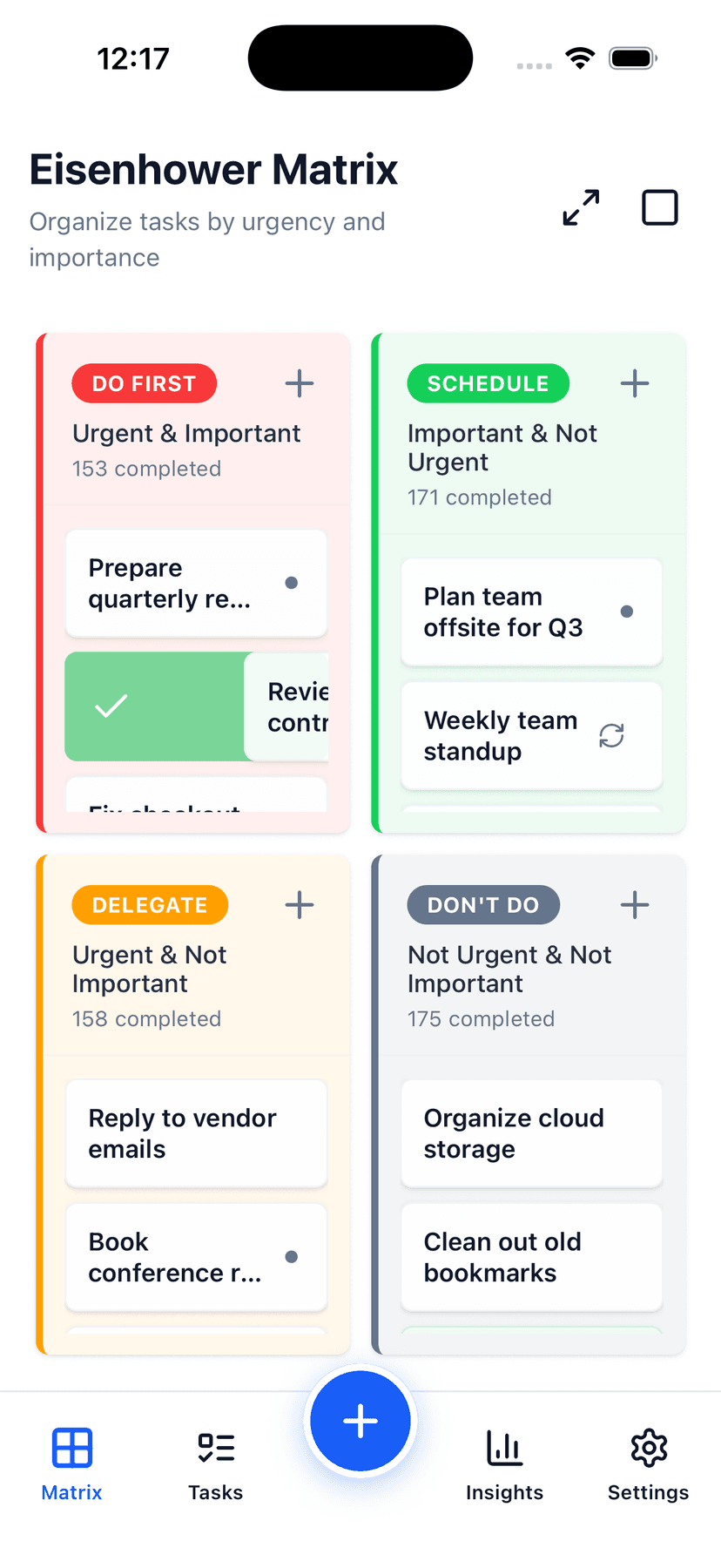 Focus Matrix Pro app showing the four-quadrant Eisenhower Matrix populated with work tasks across Do First, Schedule, Delegate, and Don't Do, with a swipe-to-complete gesture visible