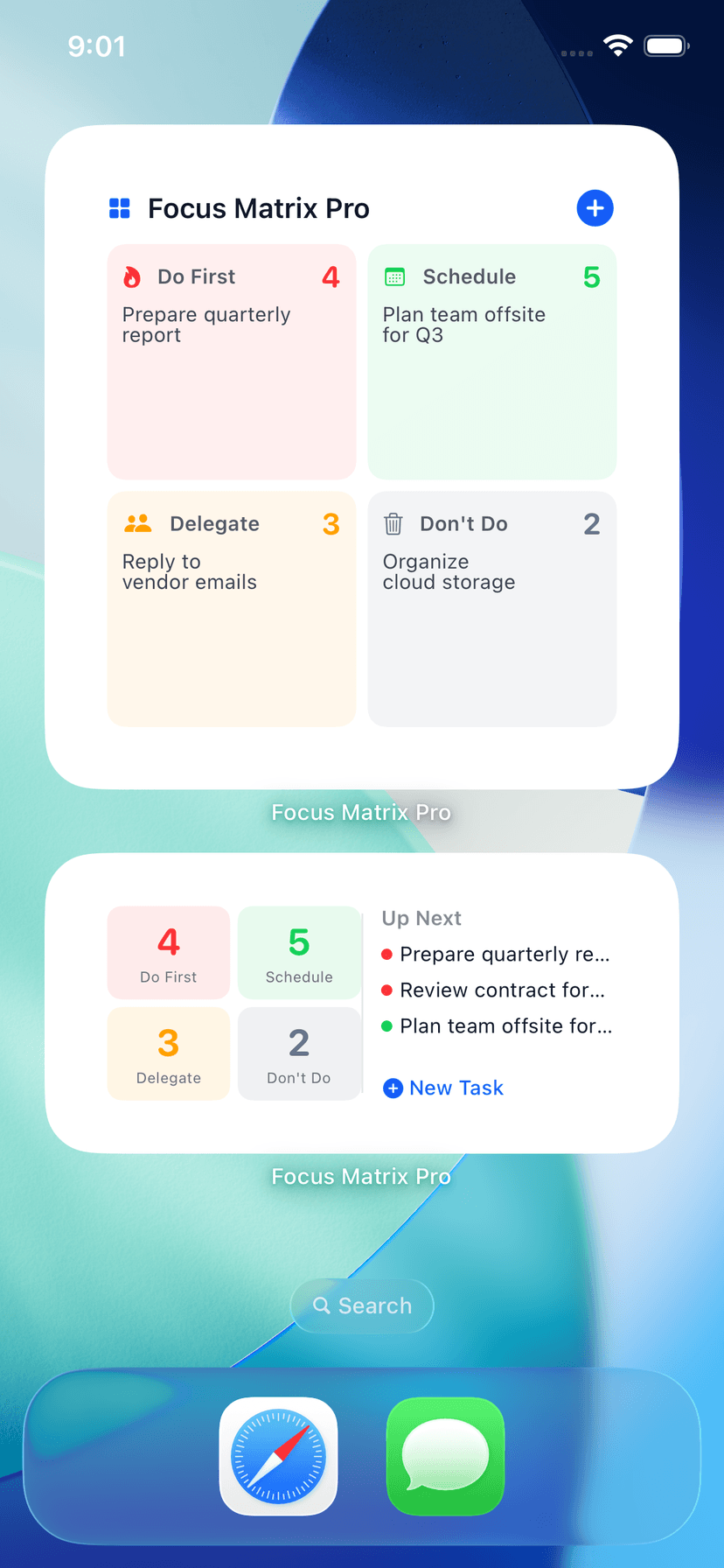 iOS home screen with Focus Matrix Pro large and medium widgets showing quadrant counts and Up Next tasks