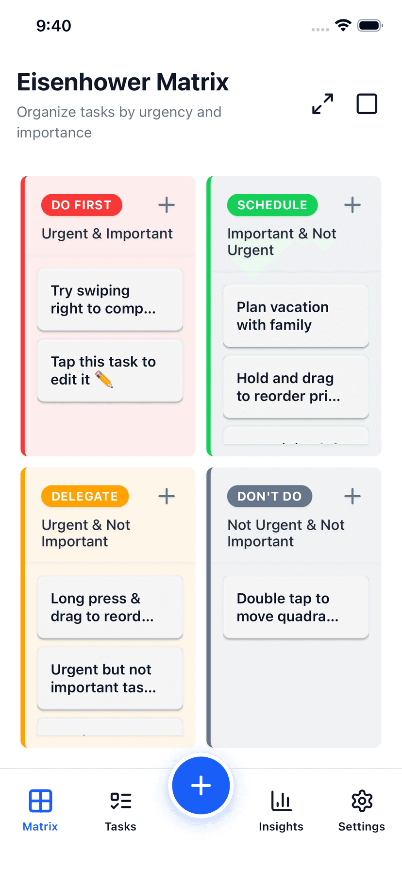 Focus Matrix Pro compact 2x2 grid view showing tasks across all four quadrants