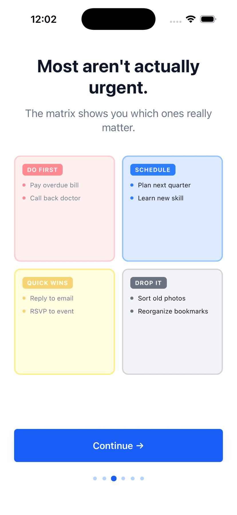 A four-quadrant Eisenhower Matrix with example tasks placed in Do First, Schedule, Quick Wins, and Drop It quadrants