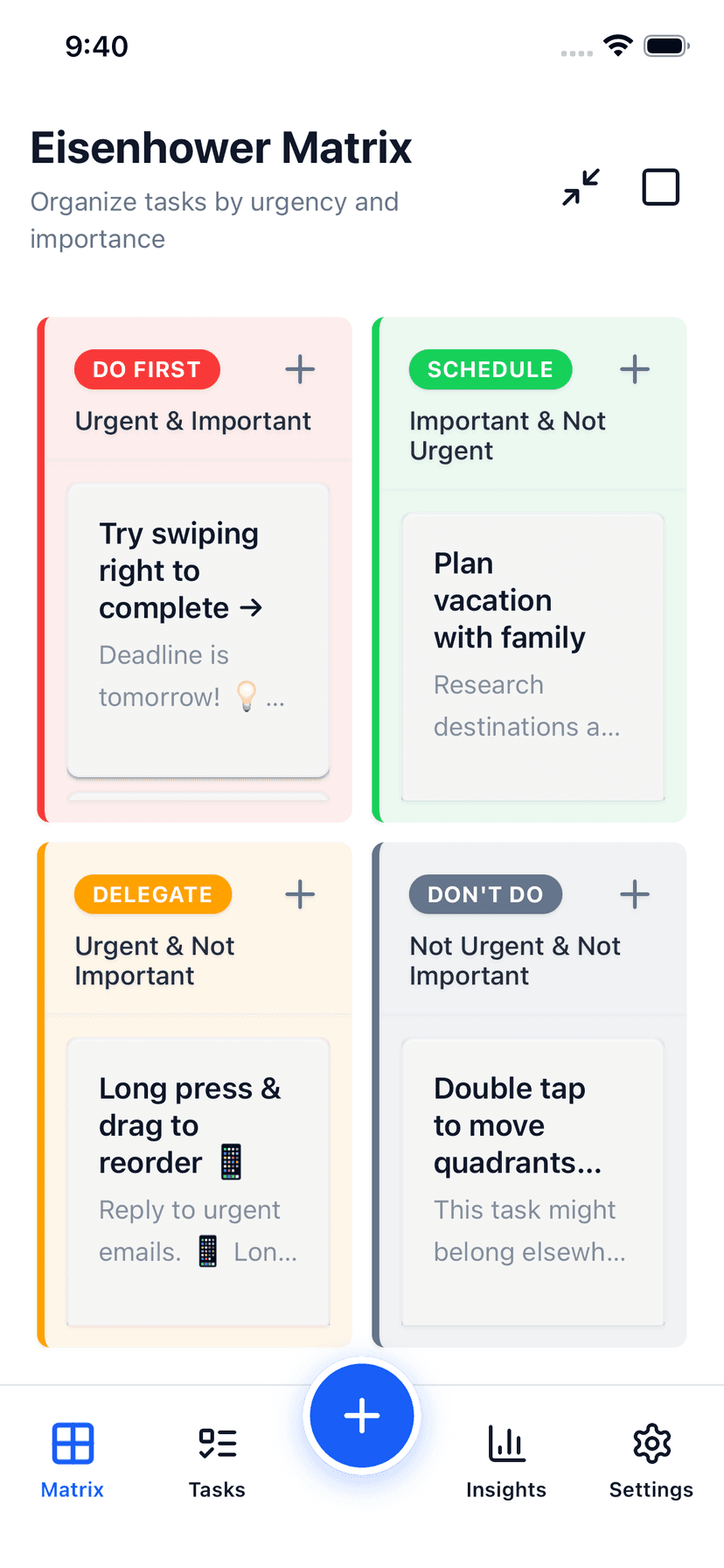 Focus Matrix Pro 2x2 Eisenhower Matrix grid view with tasks in all four quadrants