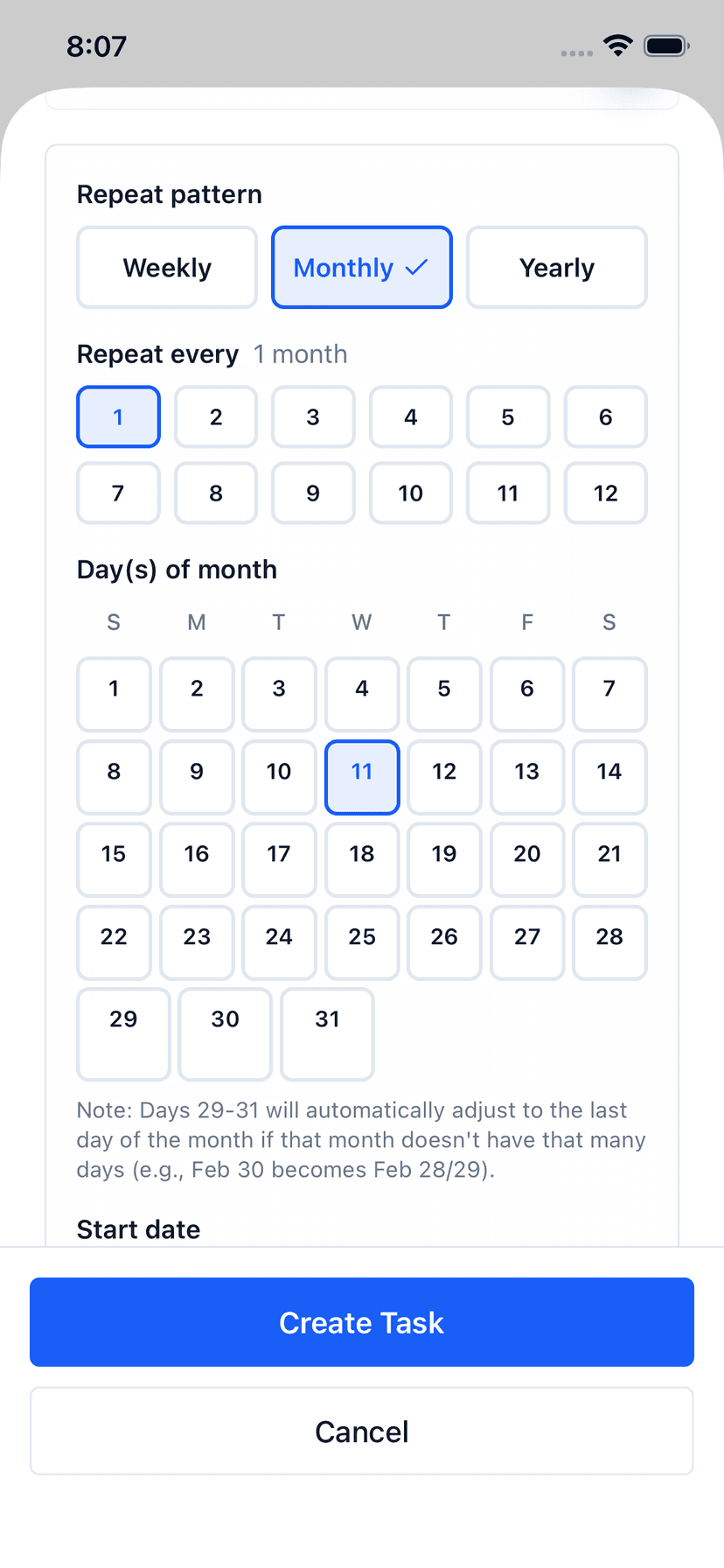 Focus Matrix Pro monthly recurrence pattern with day-of-month calendar picker