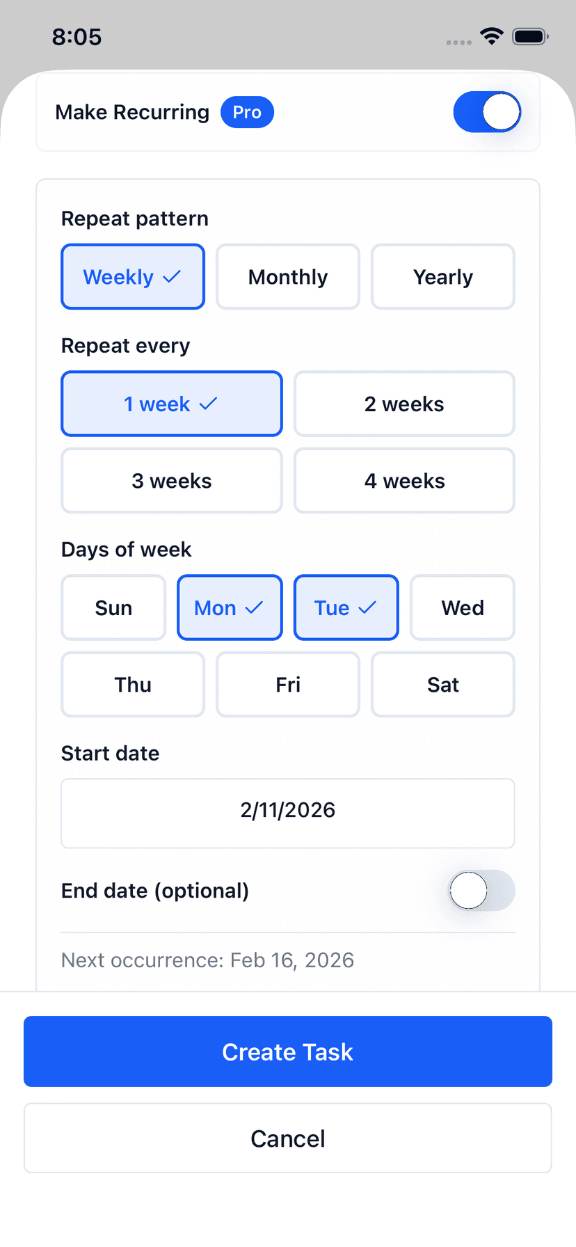 Focus Matrix Pro recurring task setup with weekly pattern, day selection, and start date