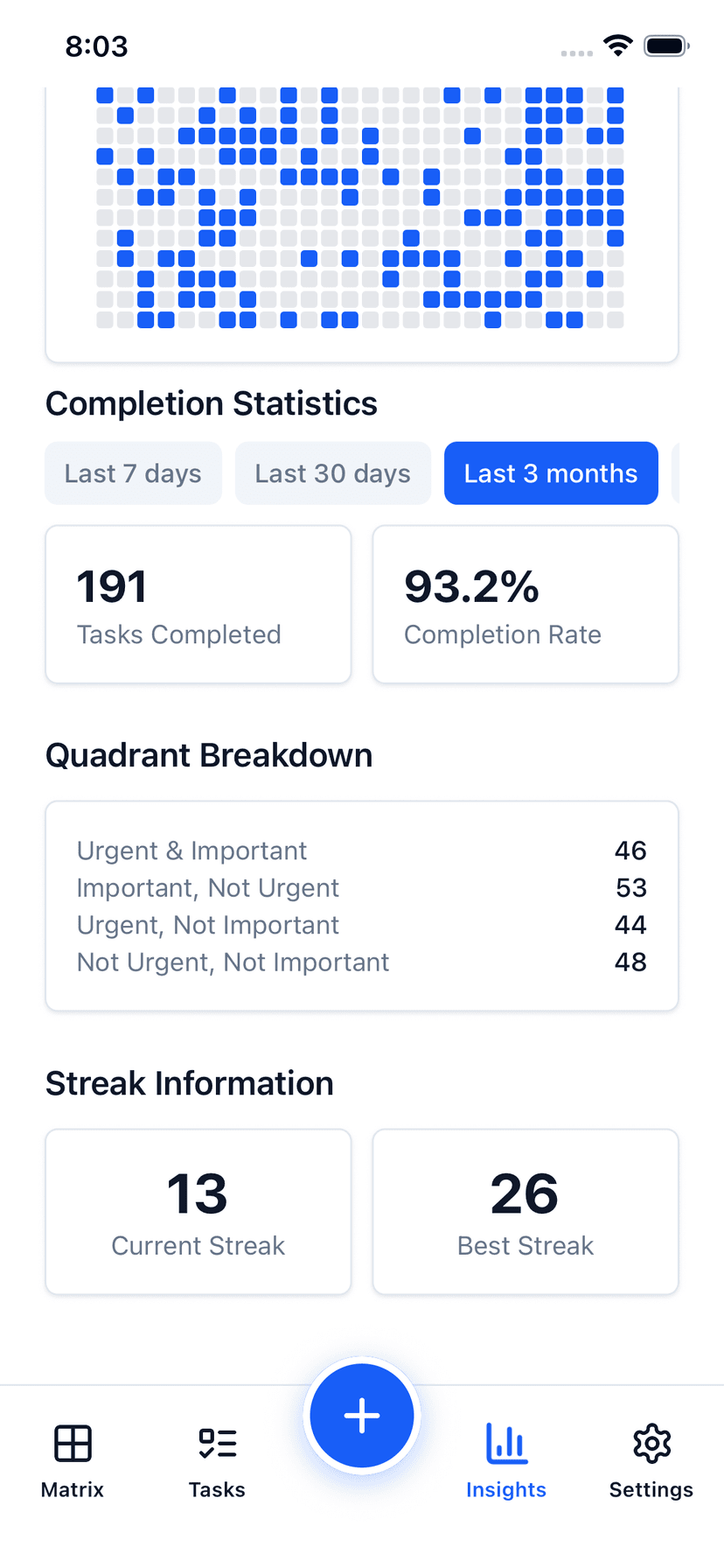 Focus Matrix Pro streak counter showing 13 day current streak and 26 day best streak