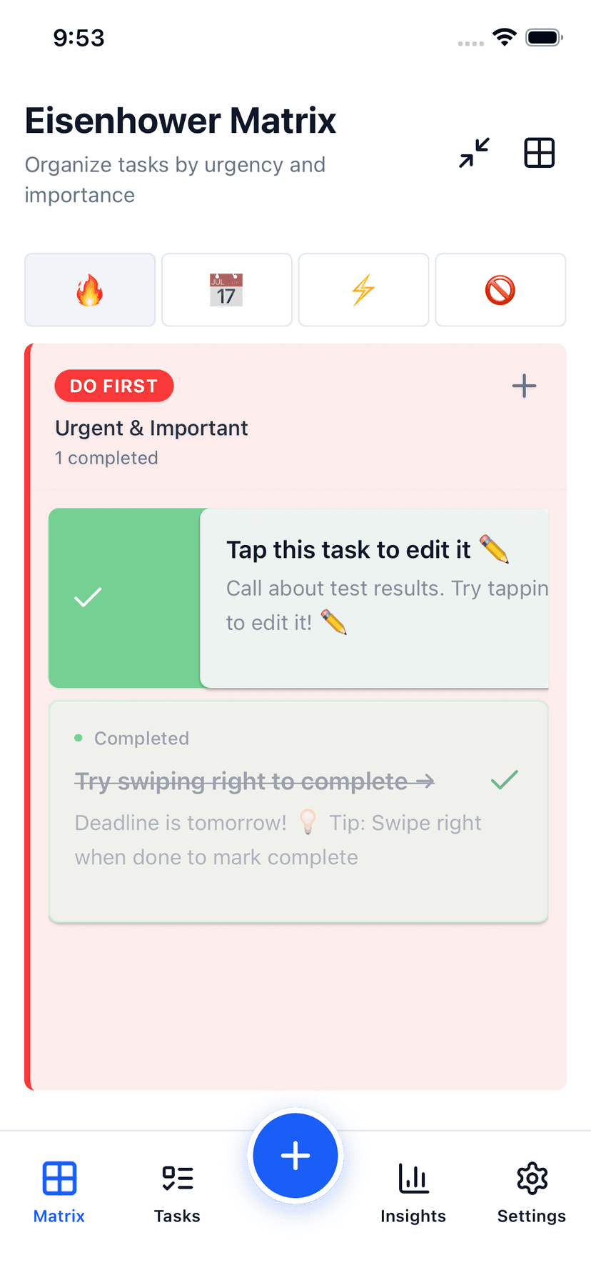 Focus Matrix Pro swipe-to-complete gesture revealing green checkmark on a task