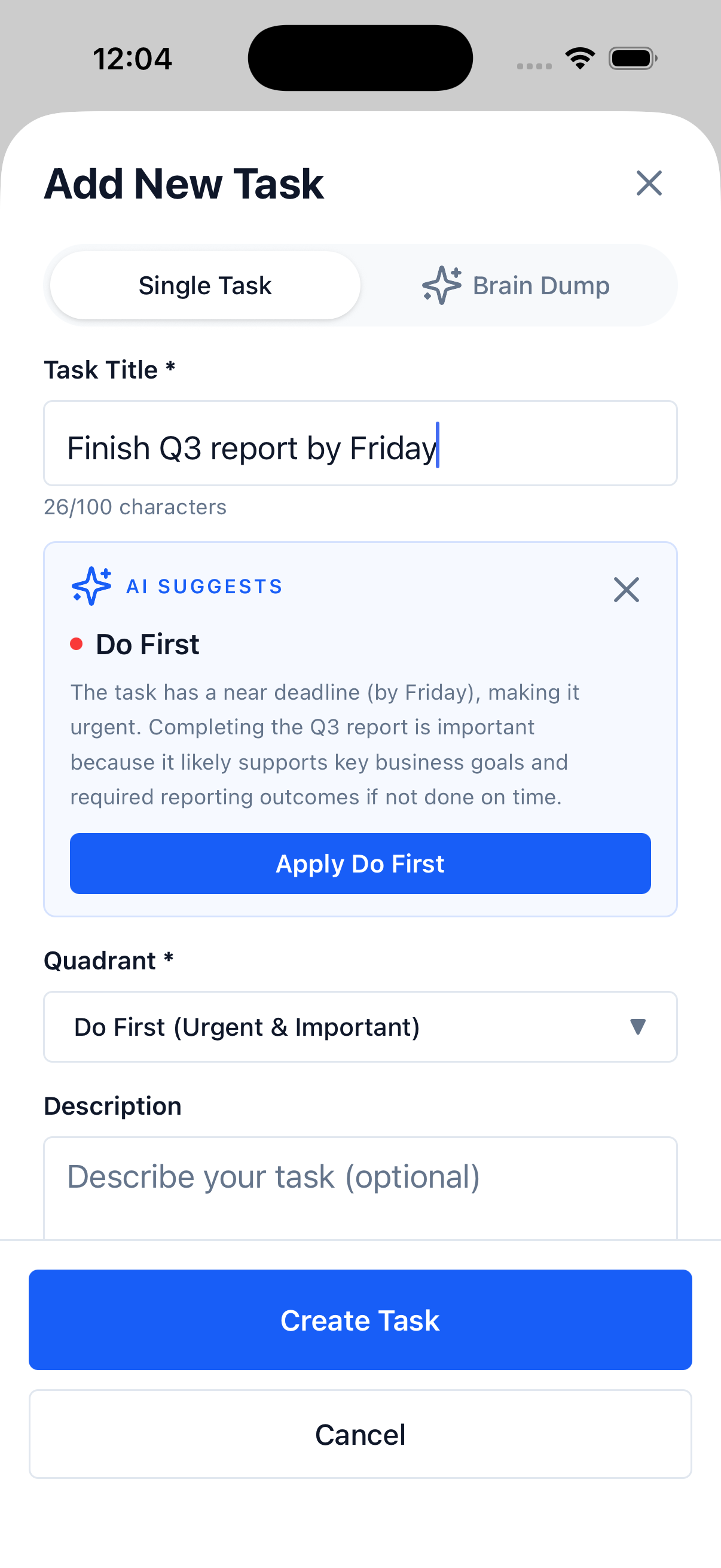 Focus Matrix Pro Add Task modal with the AI suggestion box recommending Do First for Finish Q3 report by Friday, including a short reasoning paragraph