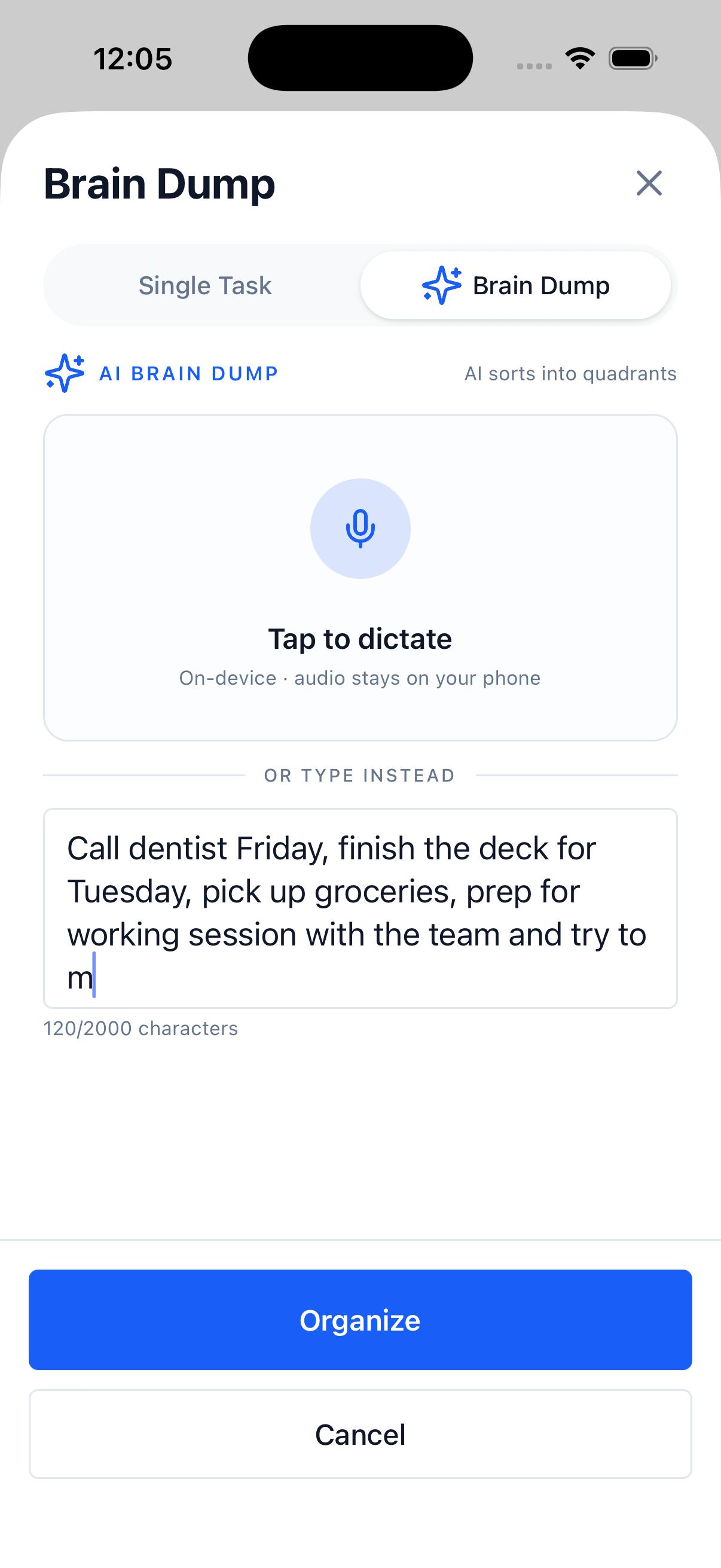 Focus Matrix Pro brain dump screen showing the on-device voice dictation option and a textarea with a dictated stream of tasks ready to be organized